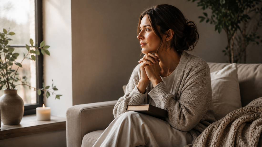 Woman reflecting quietly beside a window with a Bible nearby