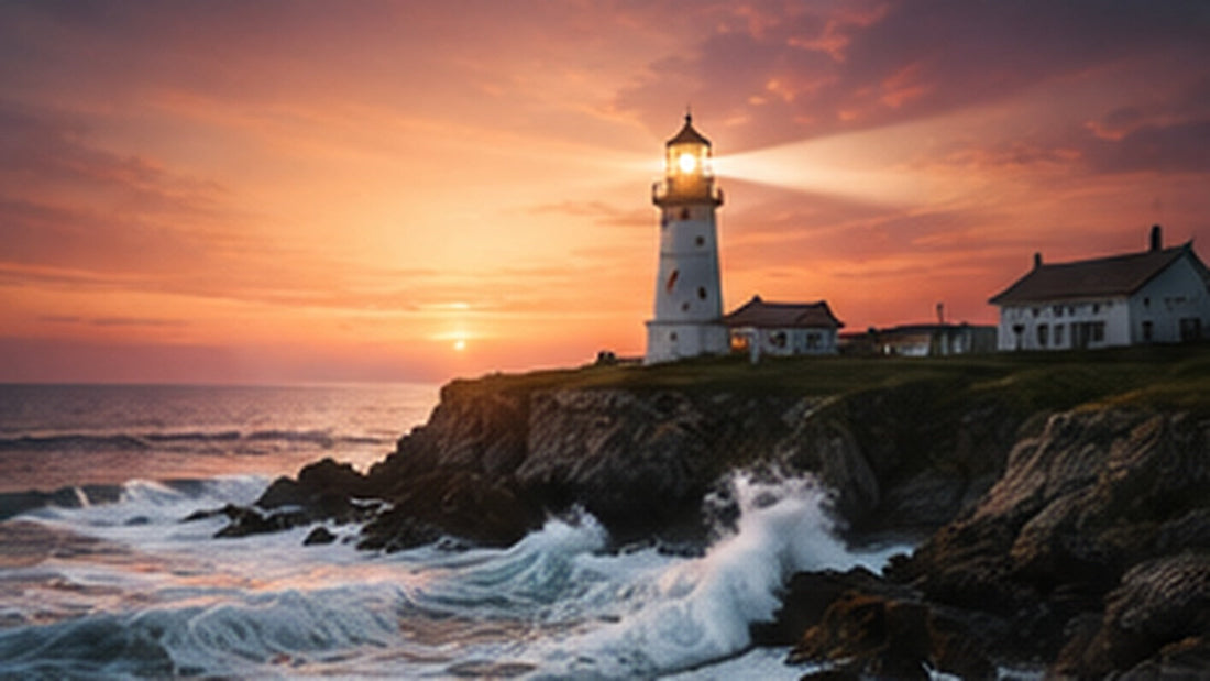 Lighthouse standing above rough ocean waves as a symbol of protection safety and courage