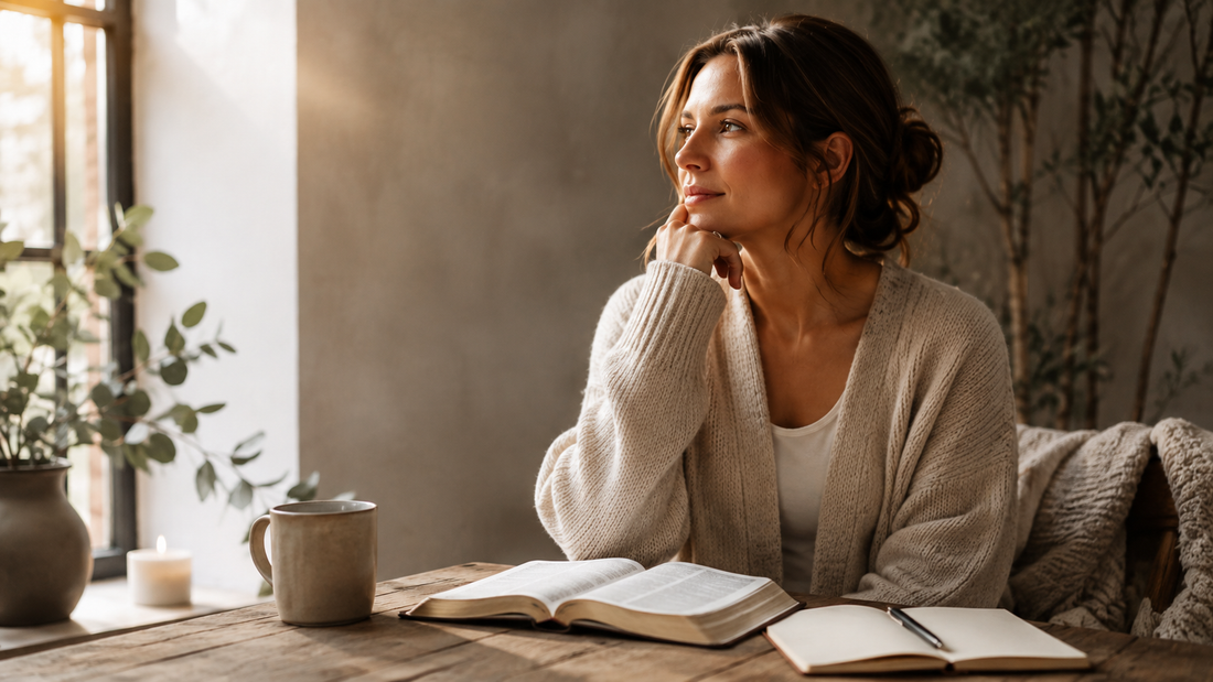 Woman reflecting beside a window with an open Bible and journal
