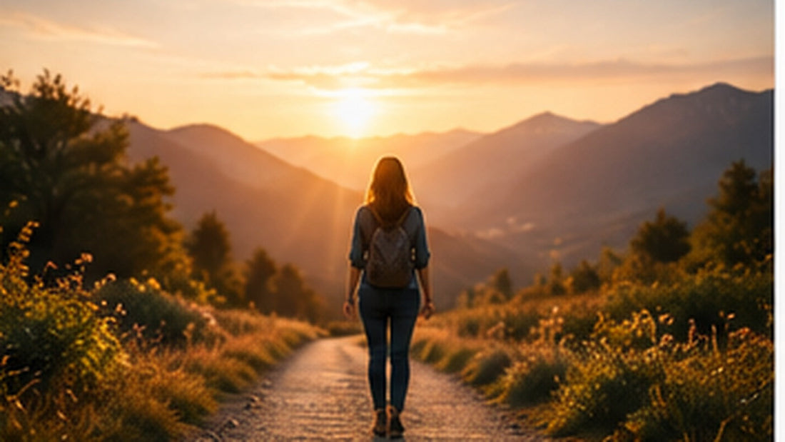 Woman walking toward a sunrise during a seven-day Scripture journey toward peace