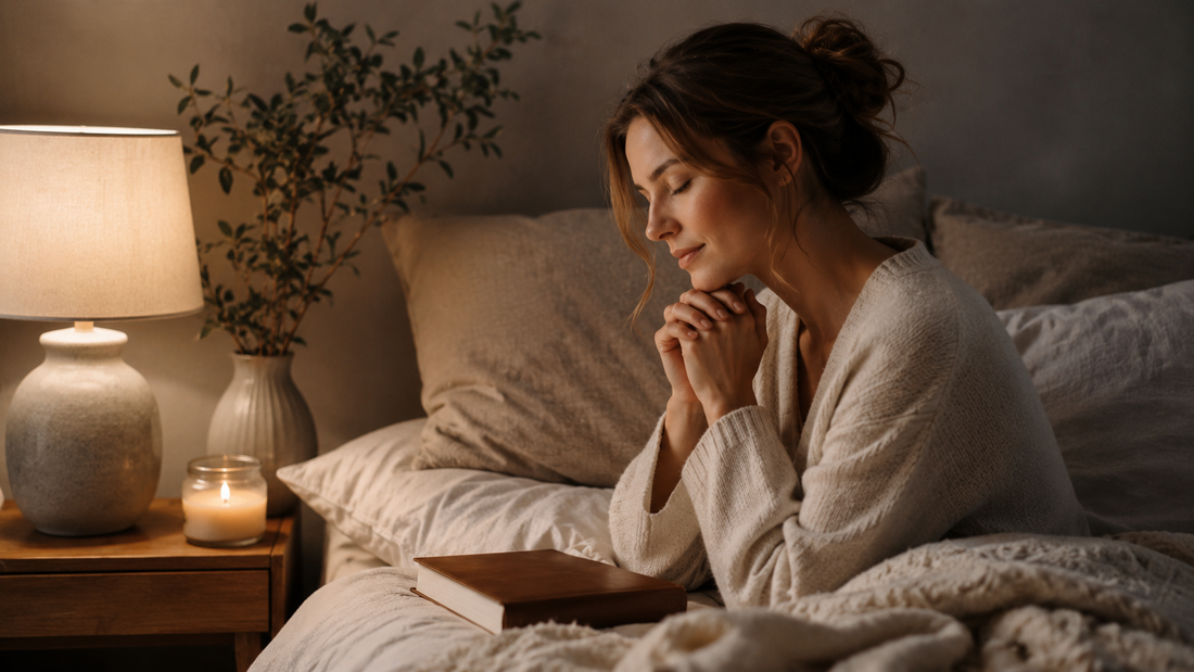 Woman praying peacefully beside her bed during a quiet nighttime routine