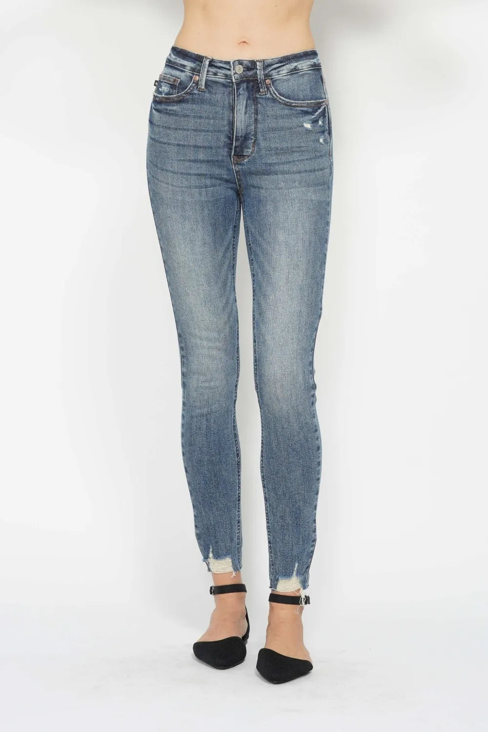 Judy Blue Dakota Tummy-Control Vintage Wash Distressed-Hem Skinny Jeans — collection feature