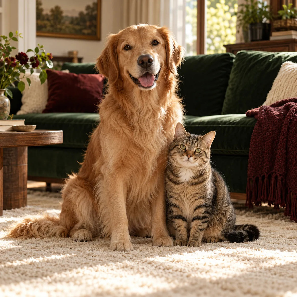 Golden retriever and tabby cat in a warm forest green living room