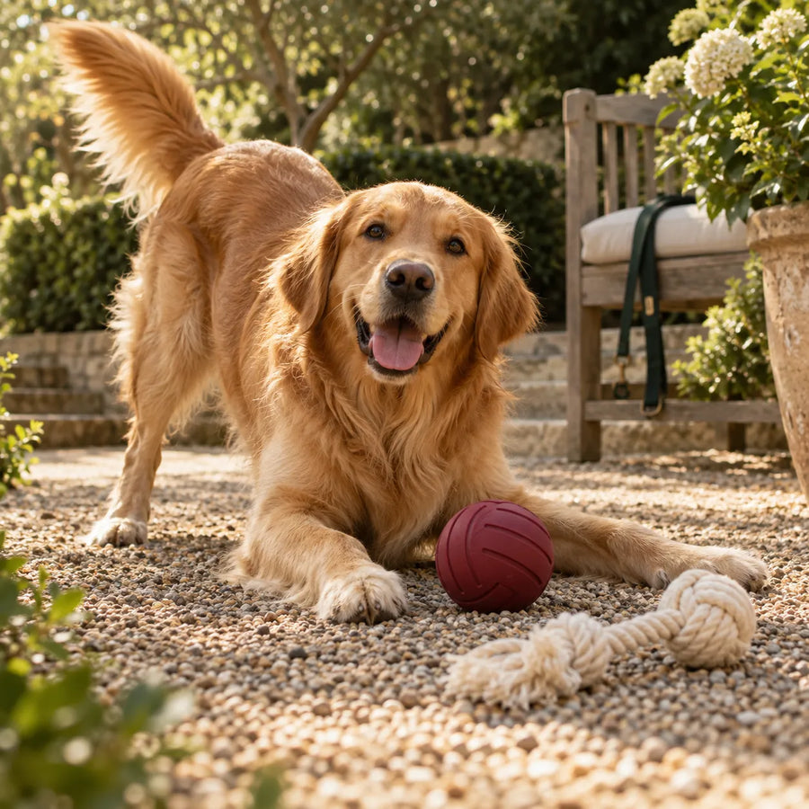 Golden retriever playing outdoors with a ball and rope toy