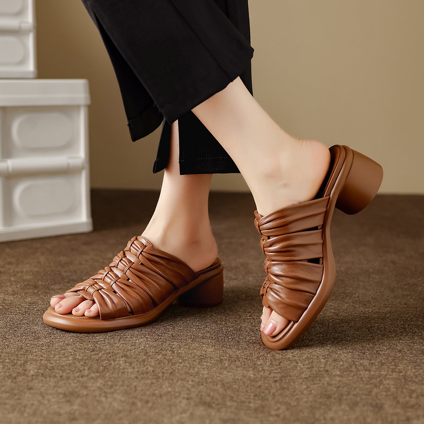 Women's Ruched Slide Sandals | Genuine Lambskin Block Heel Open-Toe Mules