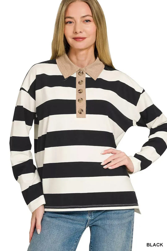 Another view: Zenana Striped Contrast Collar Polo Tee