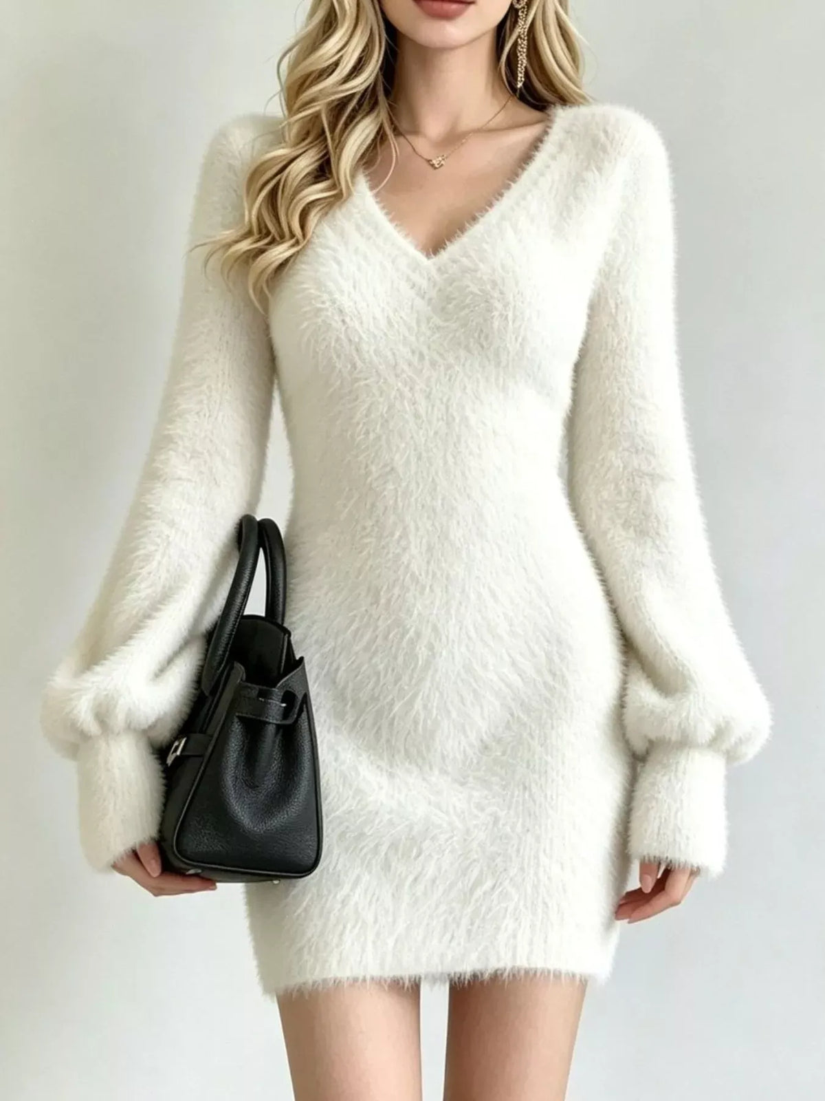 Fuzzy V-Neck Long-Sleeve Sweater Dress — photo 5