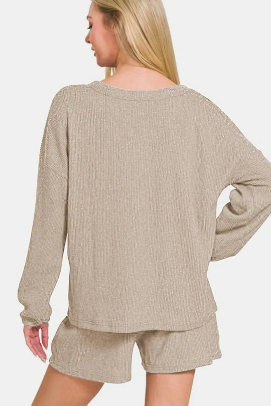 Another view: V-Neck Long Sleeve Ribbed Top and Shorts Set — Khaki