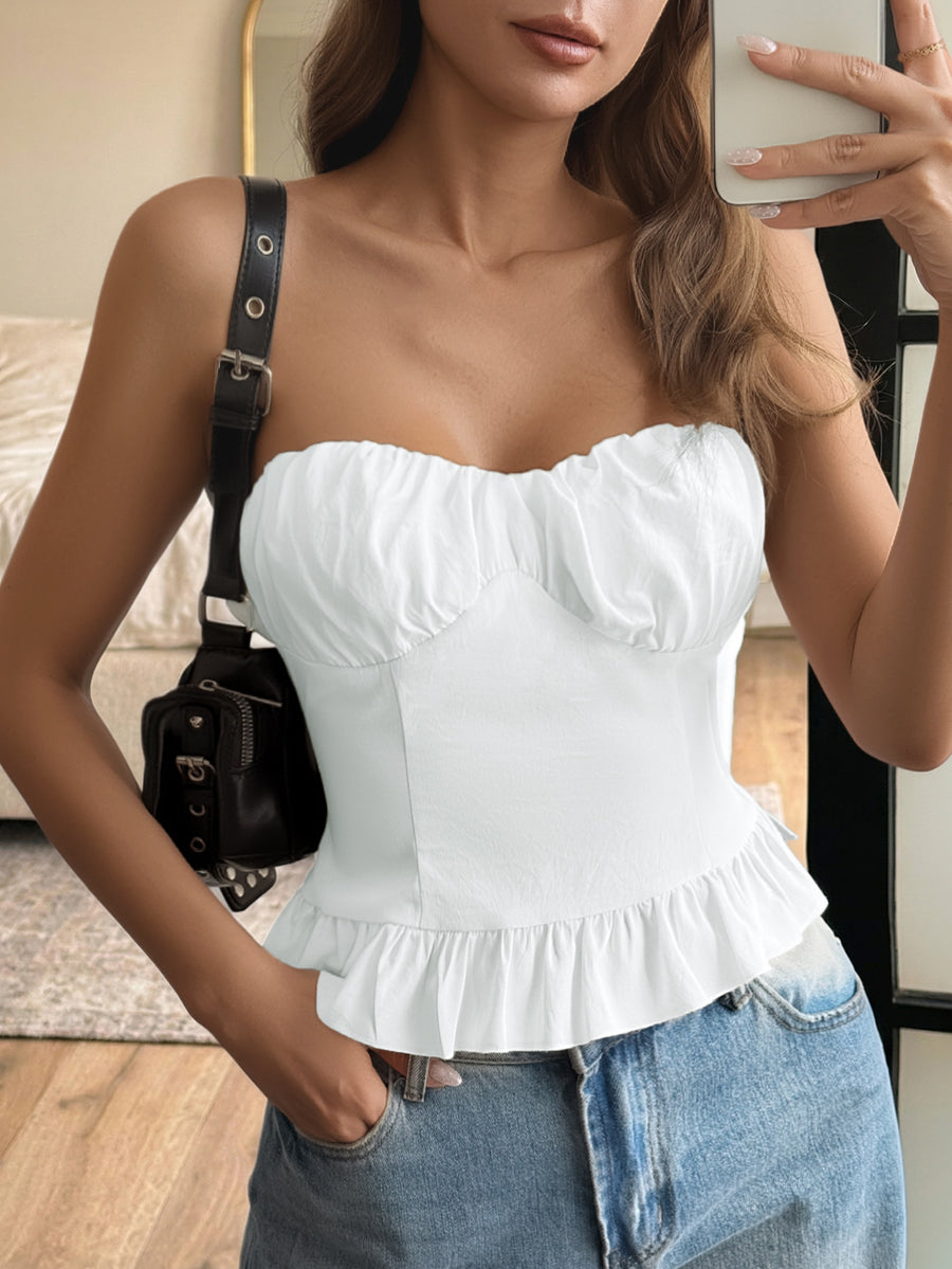 Ruched-Bust Ruffle-Hem Strapless Top