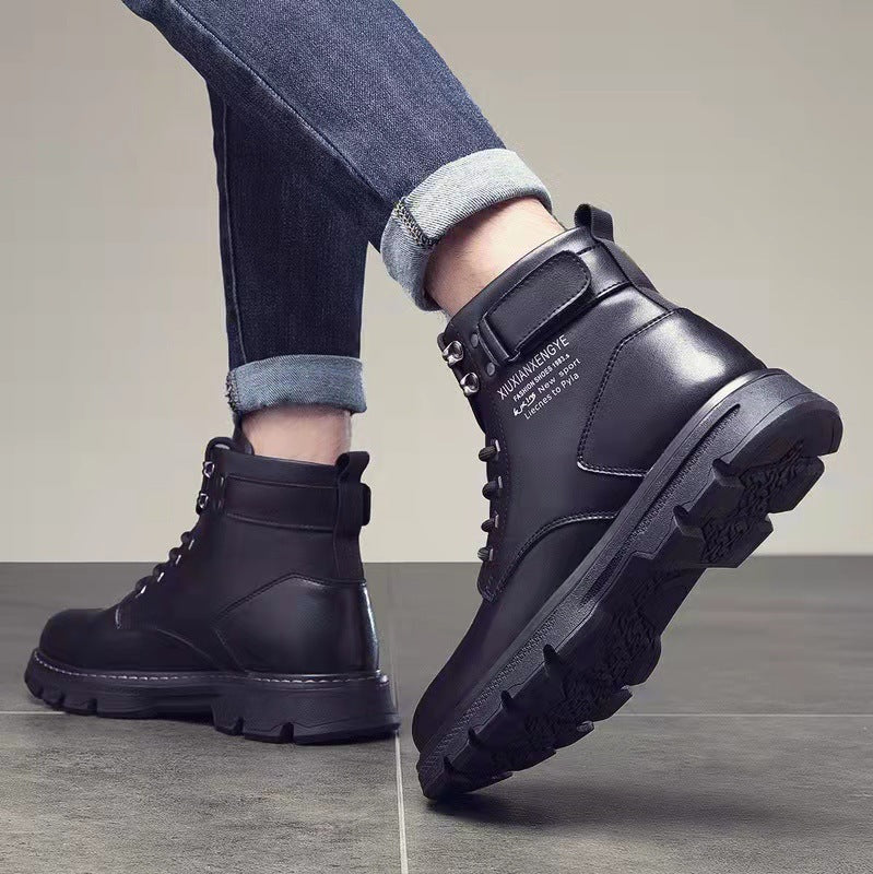 Men's Korean Style Mid-to-High Top Lace-Up Boots | Height Boosting & Warm