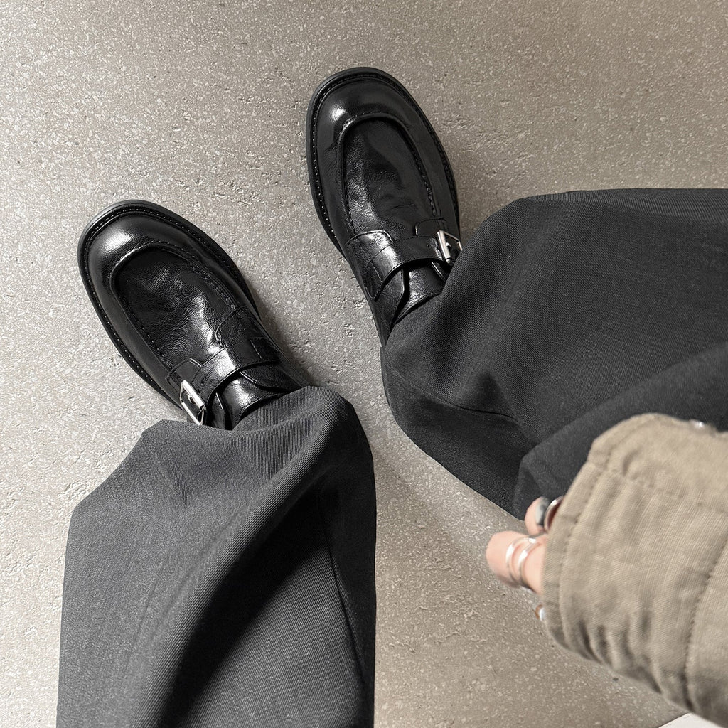 Women's Washed Leather Monk Strap Loafers | Handmade Buckle Low Block Heel Shoes