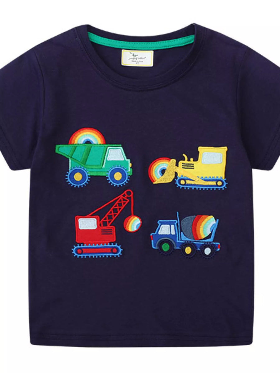 Kids’ Embroidered Construction Vehicle Cotton T-Shirt — Black