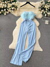 Feather-trim strapless belted wide-leg jumpsuit