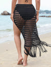 Fringe-trim openwork split swim cover-up skirt