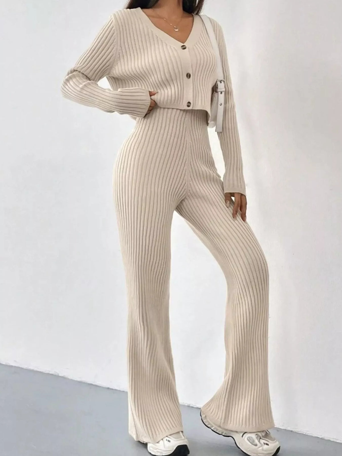 Ribbed-Knit Button-Up Top & Pants Set