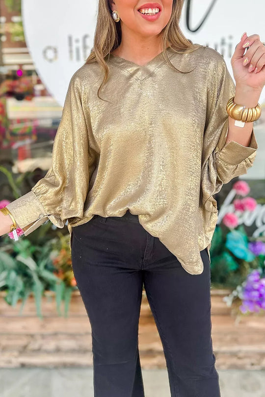 Another view: Metallic V-Neck Dolman-Sleeve Blouse — Gold