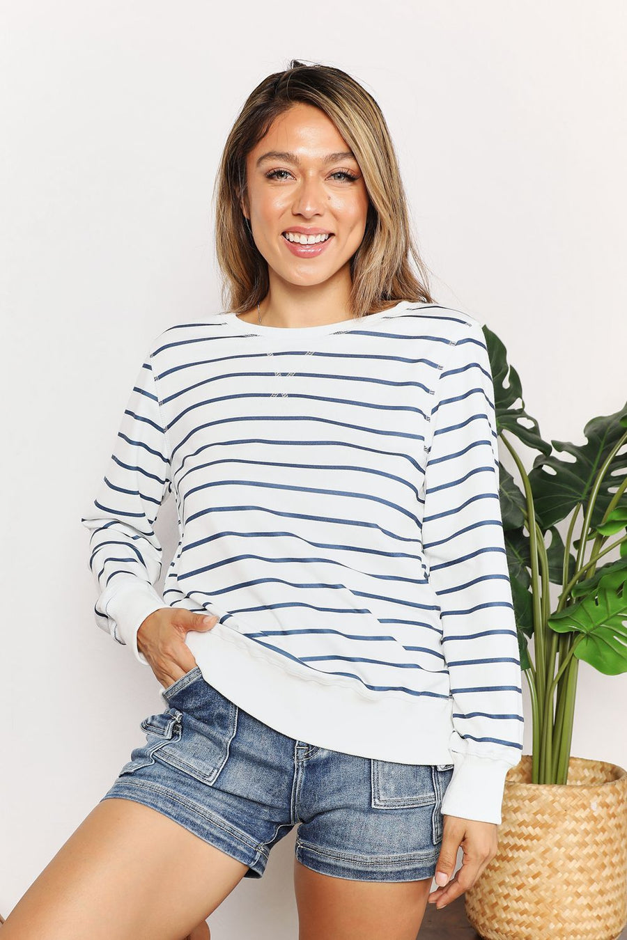 Striped Long-Sleeve Round-Neck Top