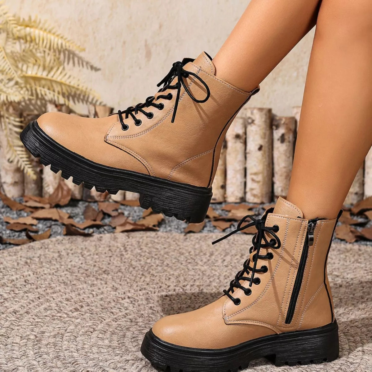 Women's Lace-Up Ankle Combat Boots | Low Heel PU Leather | Khaki Pink Brown
