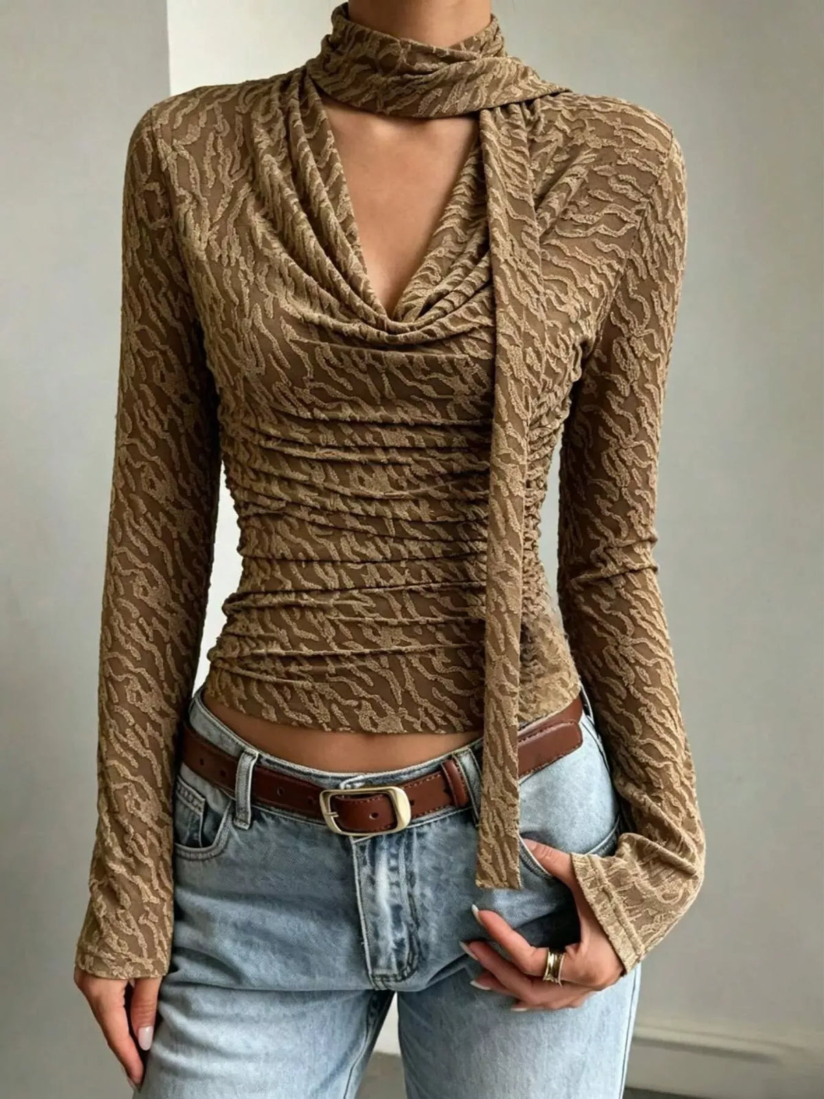 Textured Cowl-Neck Blouse with Scarf Detail — photo 1