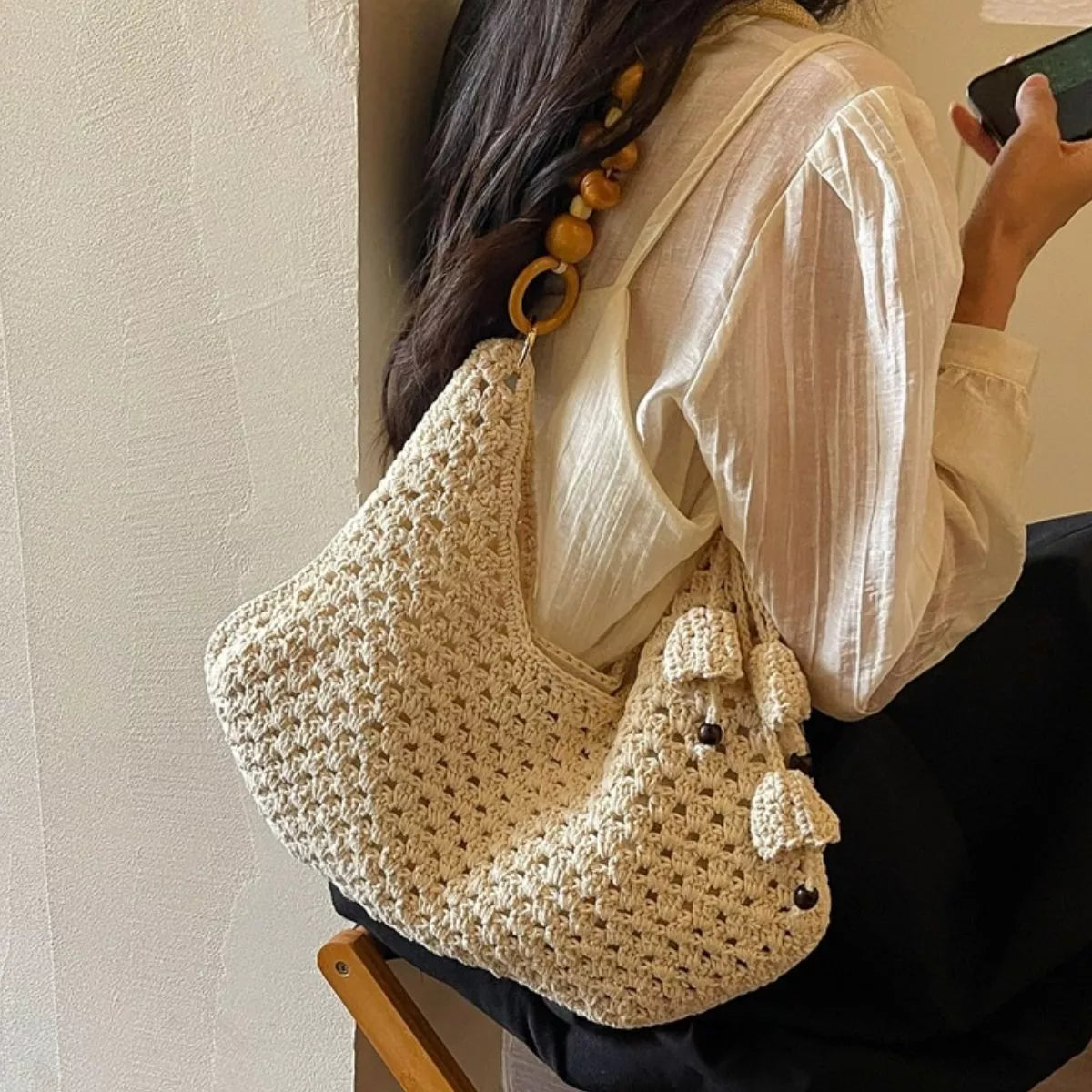 Off-White Crochet Beaded-Strap Shoulder Bag