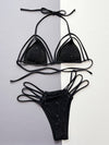 Black glitter strappy halter two-piece bikini set
