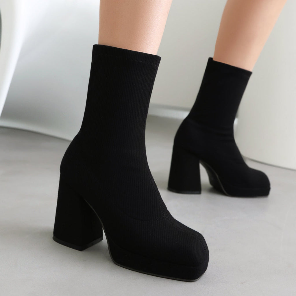Women's Square Toe Chunky Heel Slip-On Ankle Boots | Block Heel Booties