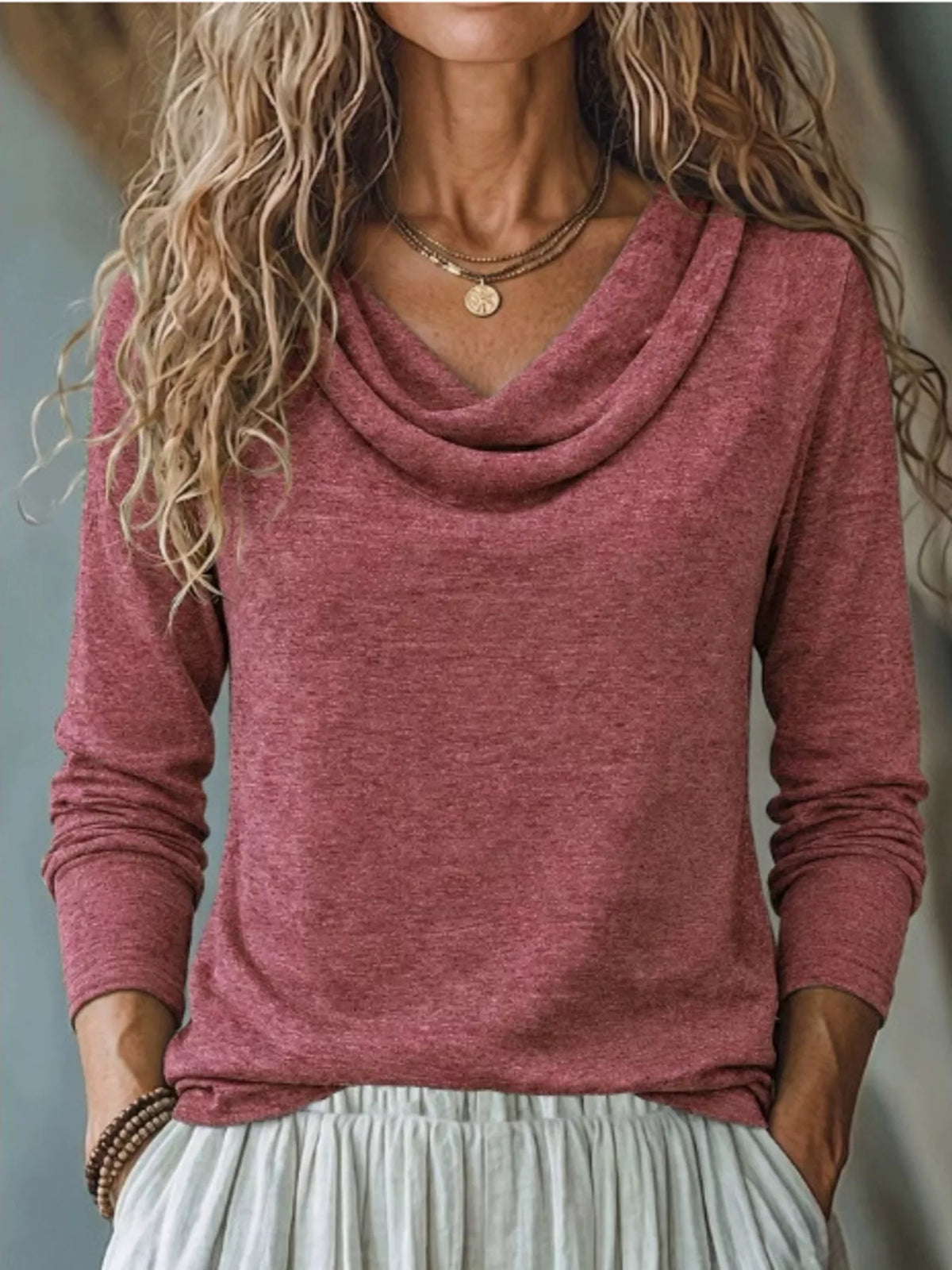 Cowl-Neck Long-Sleeve T-Shirt