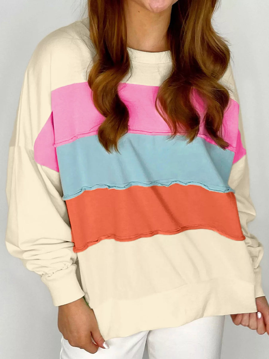 Colorblock Patchwork Drop-Shoulder Sweatshirt — Cream