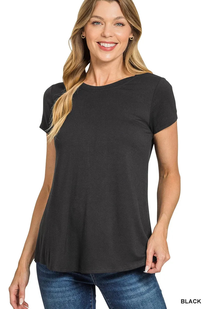 Flowy Round Hem Rayon Short Sleeve T-Shirt — Black