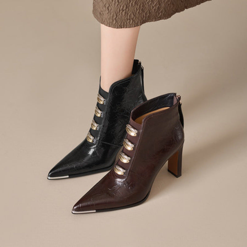 Women's Pointed-Toe Chunky Heel Short Boots – Satin Upper, Ultra-High Heel