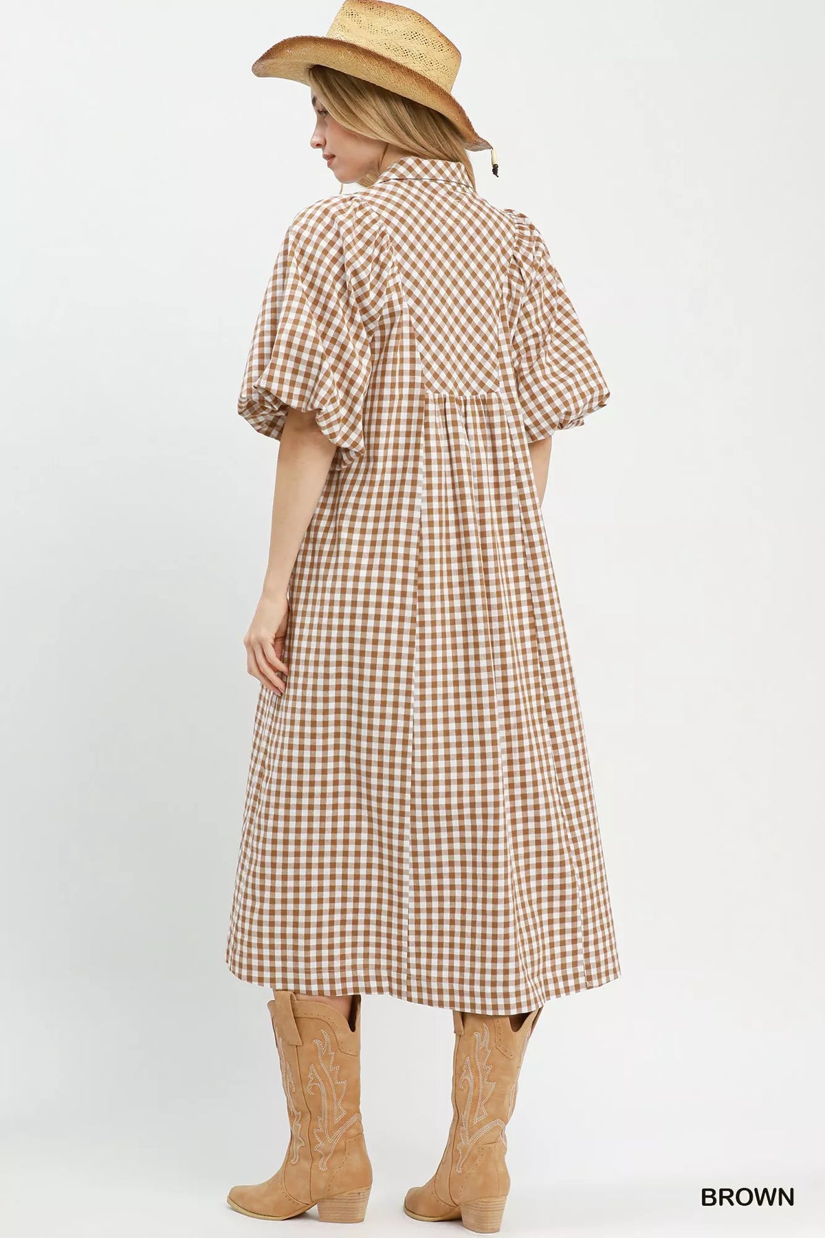 Umgee Brown Gingham Puff-Sleeve Midi Dress
