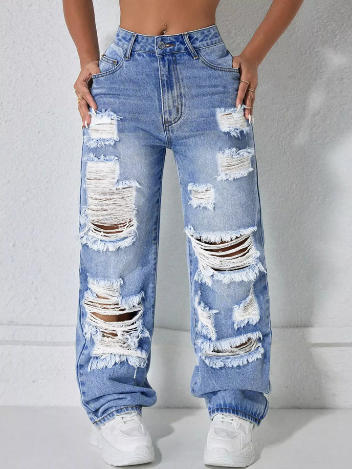 Distressed Raw-Hem Wide-Leg Jeans