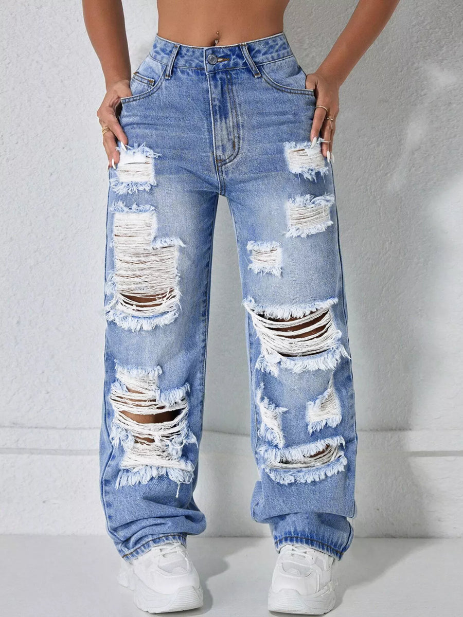 Distressed Raw-Hem Wide-Leg Jeans