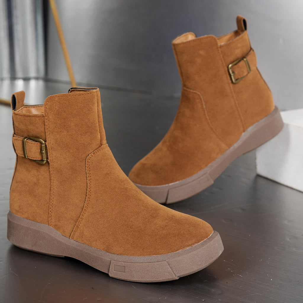Women's Round Toe Ankle Boots with Side Zipper - Flat Heel Suede Boots