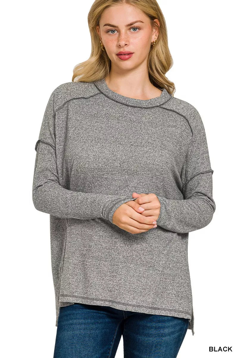 Curve Melange Hacci Exposed Seam High-Low Tee — Black