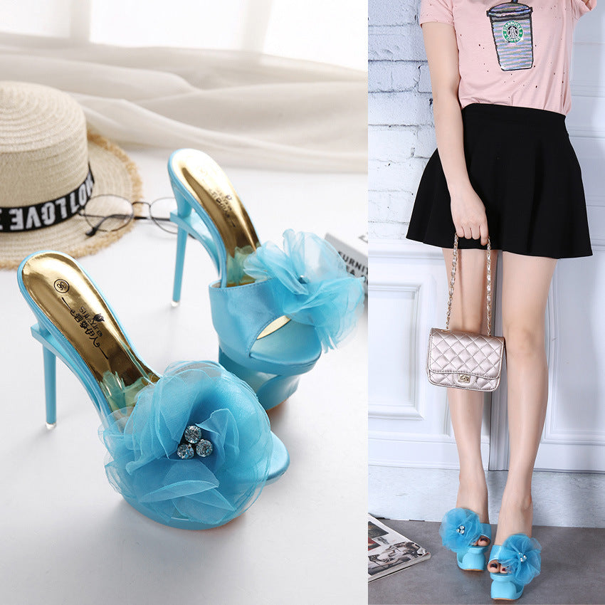 Women's Diamond-Embellished Chiffon Floral Open-Toe Heels | Satin-Trimmed Dress Shoes