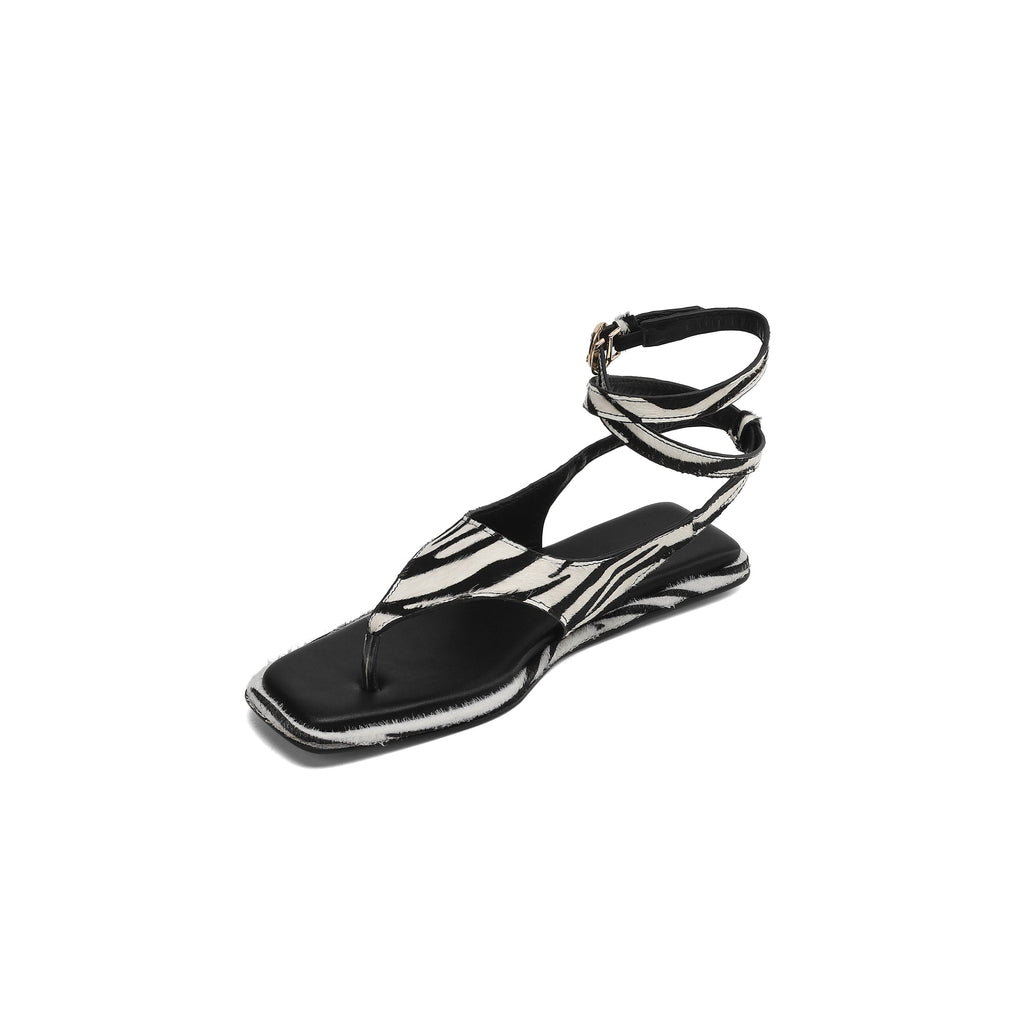 Women's Zebra Print Flat Sandals | Handmade Calf Hair Leather Thong Ankle Strap