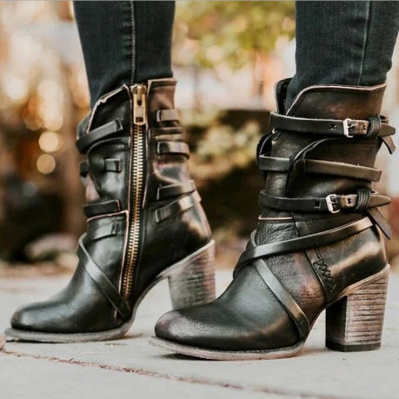 Women's Retro Chunky Heel Ankle Boots – Side Zipper & Buckle Detail