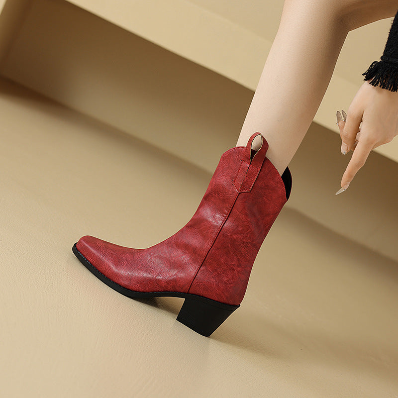 Women's Retro Square Toe V-Cut Mid-Calf Chunky Heel Boots | Synthetic PU | Sizes EU 34–43