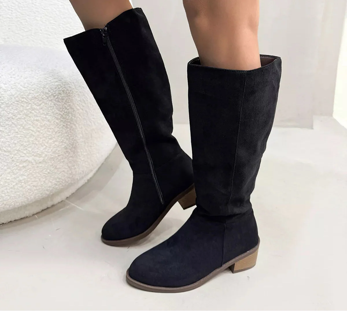 Women's Suede Knee-High Boots | Side Zipper Mid-Heel | Knee High Boots for Women