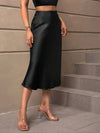 Black satin-look midi skirt for women