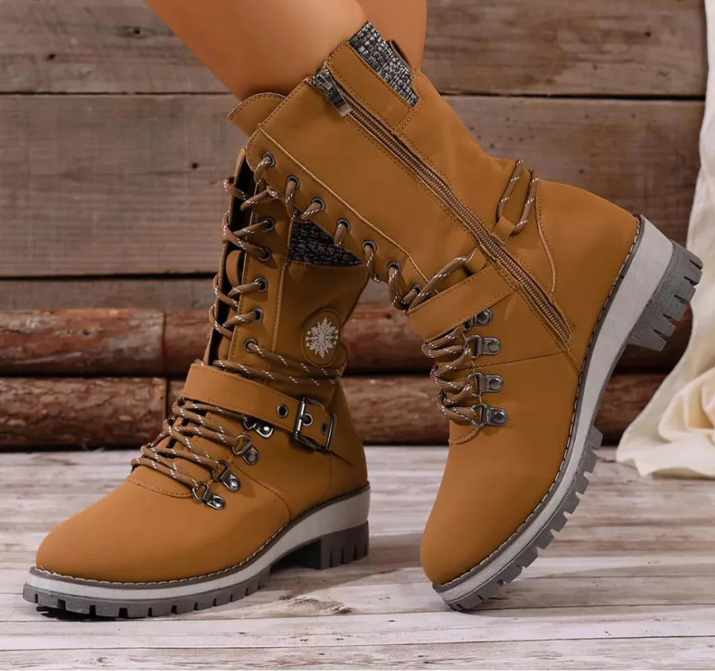 Women's Lace-Up Ankle Combat Boots – PU Leather Low Heel Military Style