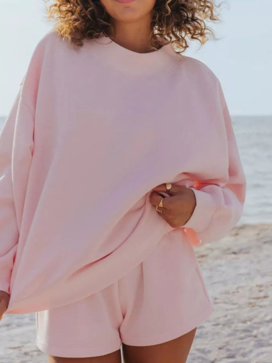 Another view: Relaxed Fit Round Neck Sweatshirt and Shorts Set