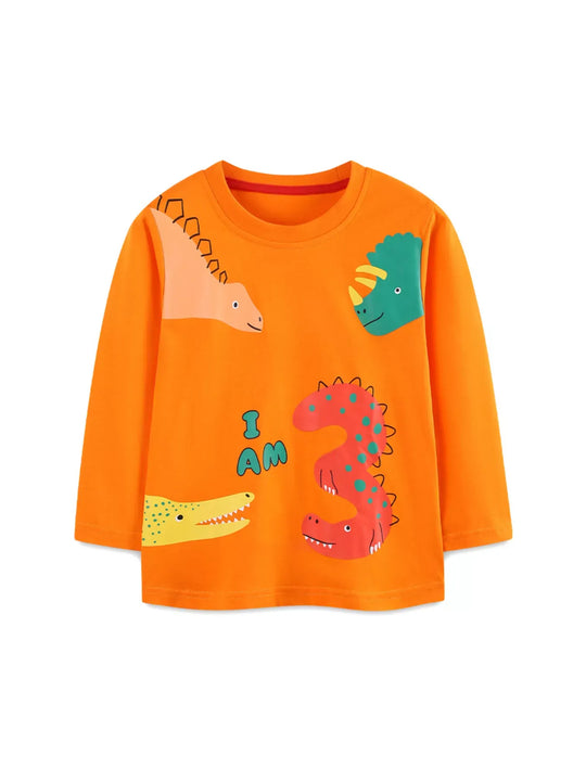 Another view: Kids’ Dinosaur-Print Long-Sleeve Cotton T-Shirt — Tangerine