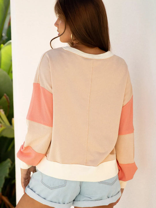 Another view: Colorblock Textured Patchwork Sweatshirt — Watermelon Pink