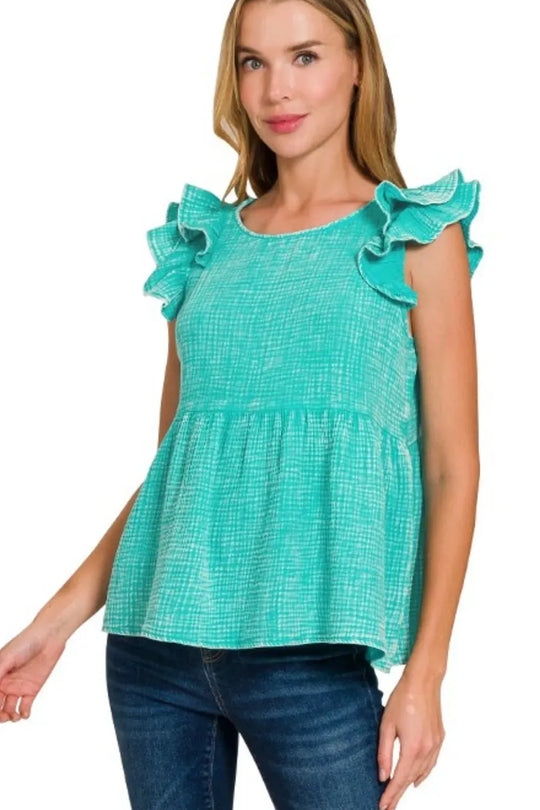 Another view: Double Gauze Acid Washed Tiered Ruffle Peplum Top — Turquoise
