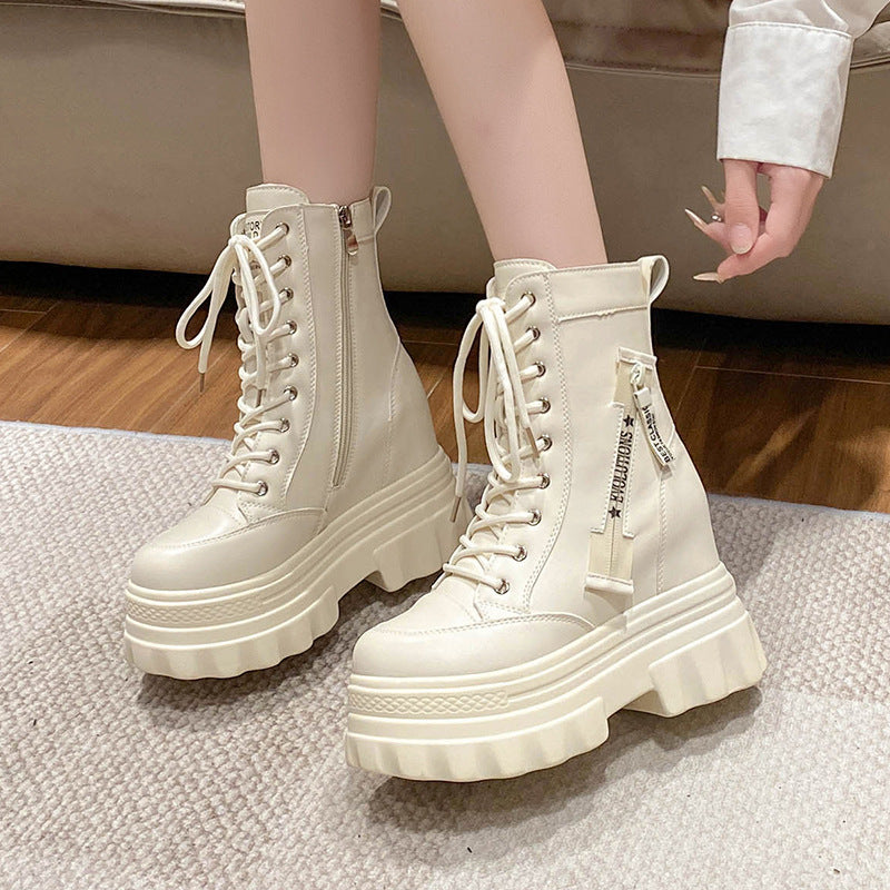 Women's High-Top Ankle Boots | Chunky Heel Side Zipper Lace-Up | Non-Slip Rubber Sole | Black & Beige