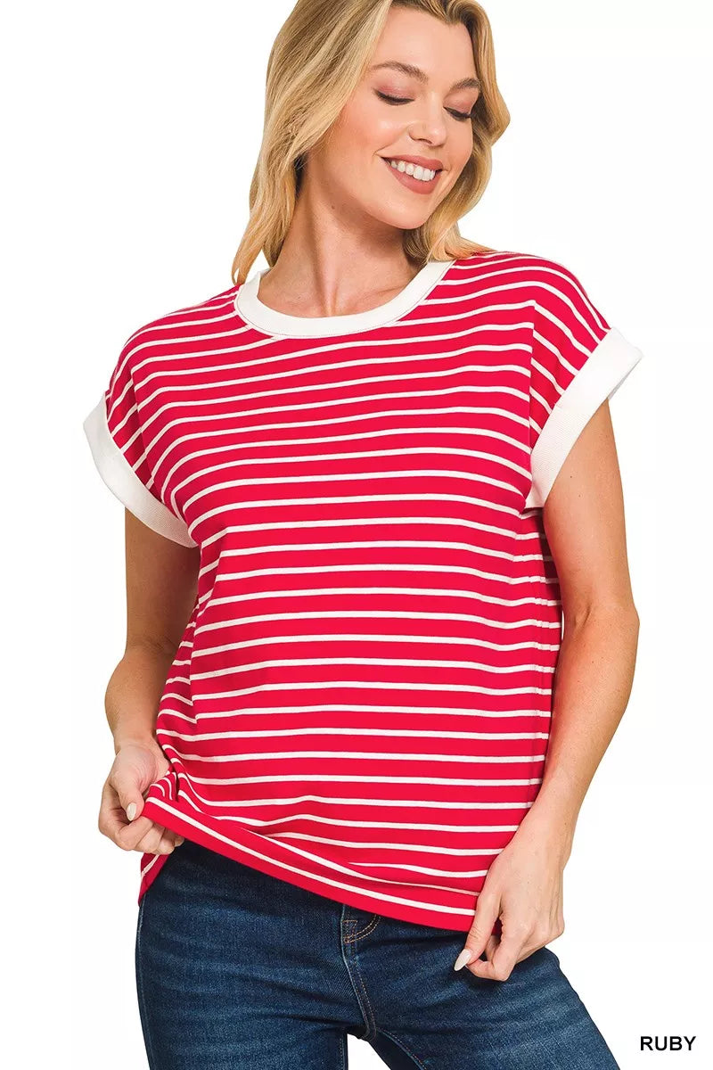 Curve Contrast Trim Cap Sleeve Stripe Tee