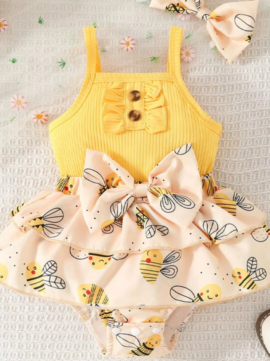 Sunny Days Bee Print Ruffle-Trim One-Piece Bodysuit Dress
