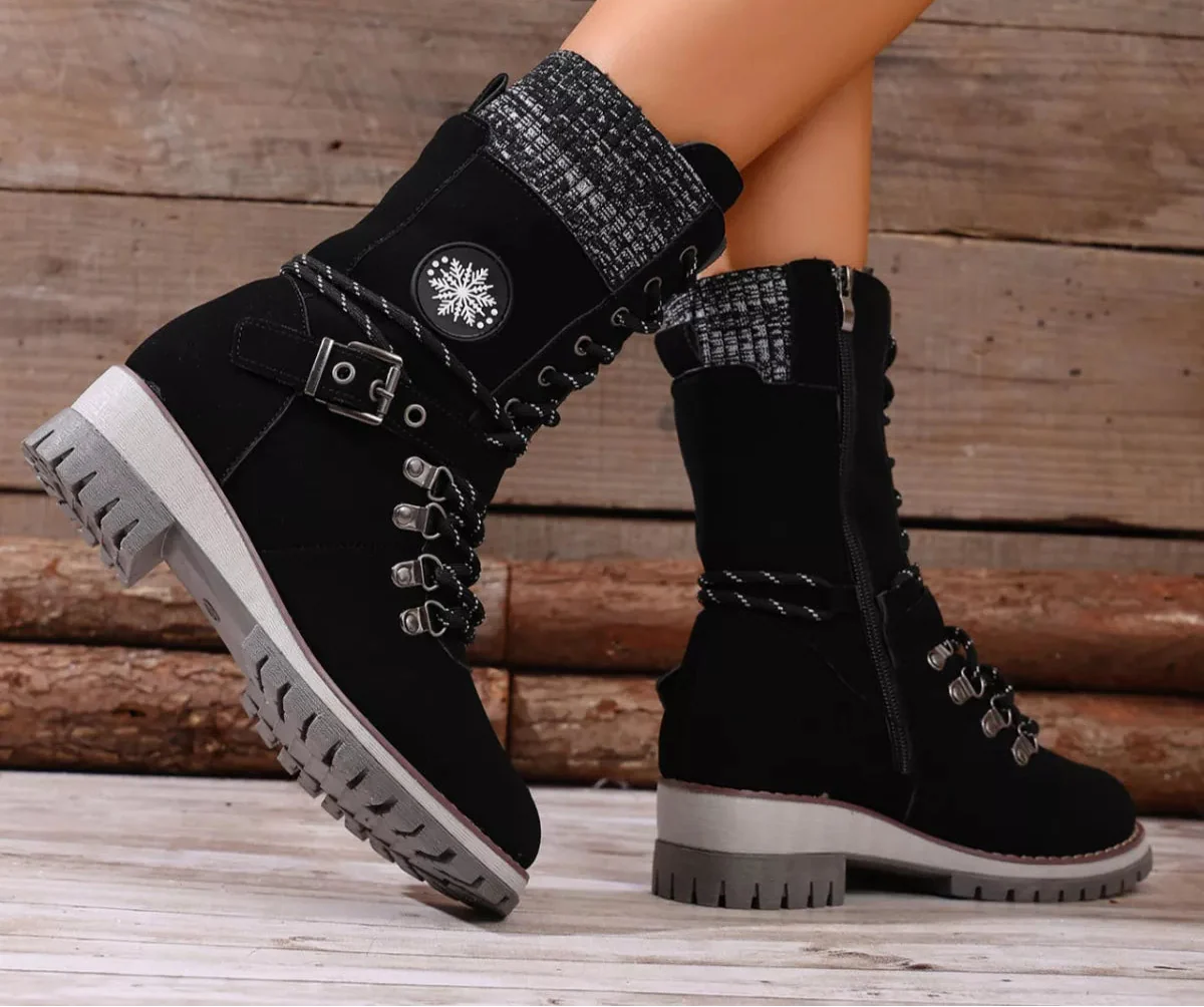 Women's Lace-Up Ankle Combat Boots – PU Leather Low Heel Military Style